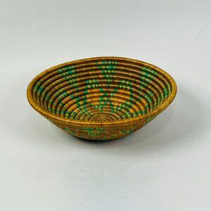 Vintage Handmade Woven Decorative Basket With Green & Yellow Accents 12" Wide